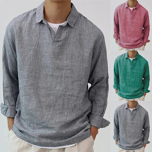 Men's European retro style cotton blend lapel pullover shirt in rose red, dark green, and gray