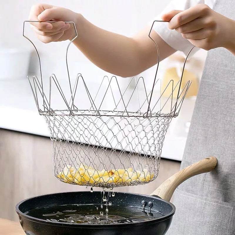 Stainless steel deep-fry basket with cool-touch handles and easy draining design