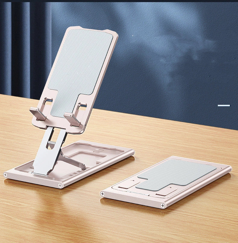 Aluminum alloy mobile phone stand in grey, rose gold, silver, and blue, adjustable and foldable