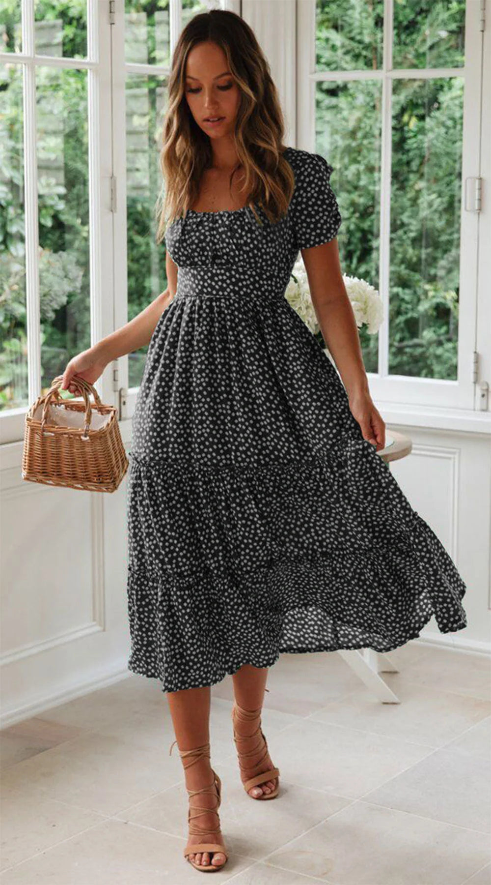 Elegant floral puff sleeve midi dress in various colours and patterns