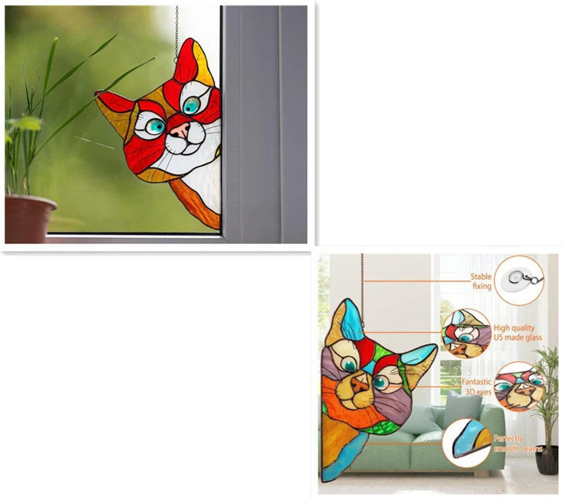 Colourful stained glass cat window hanger decoration, reusable PVC sticker