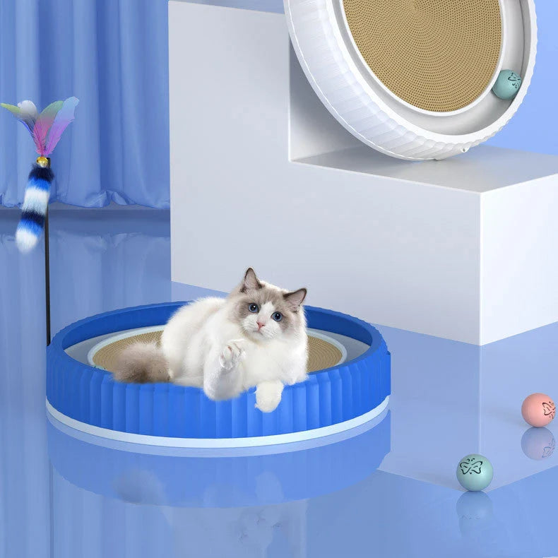 Round cat scratching board with toy ball, protects furniture from scratches