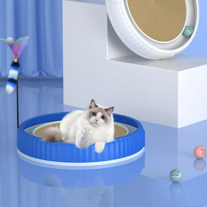 Round cat scratching board with toy ball, protects furniture from scratches