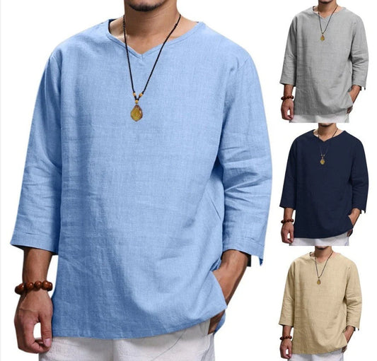 Versatile linen-blend men's v-neck pullover shirt in various colours and sizes