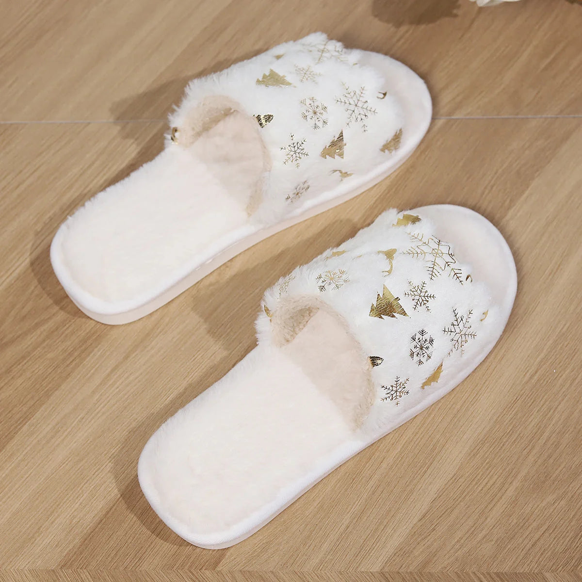 Christmas-themed white plush slippers with festive decorations and non-slip soles