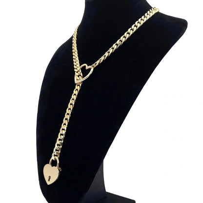 Adjustable Heart Slip Chain Necklace with Key Lock Charm in Black, Silver, and Gold Colours