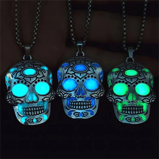 Halloween Luminous Skull Necklace with Day of the Dead Lotus Pattern