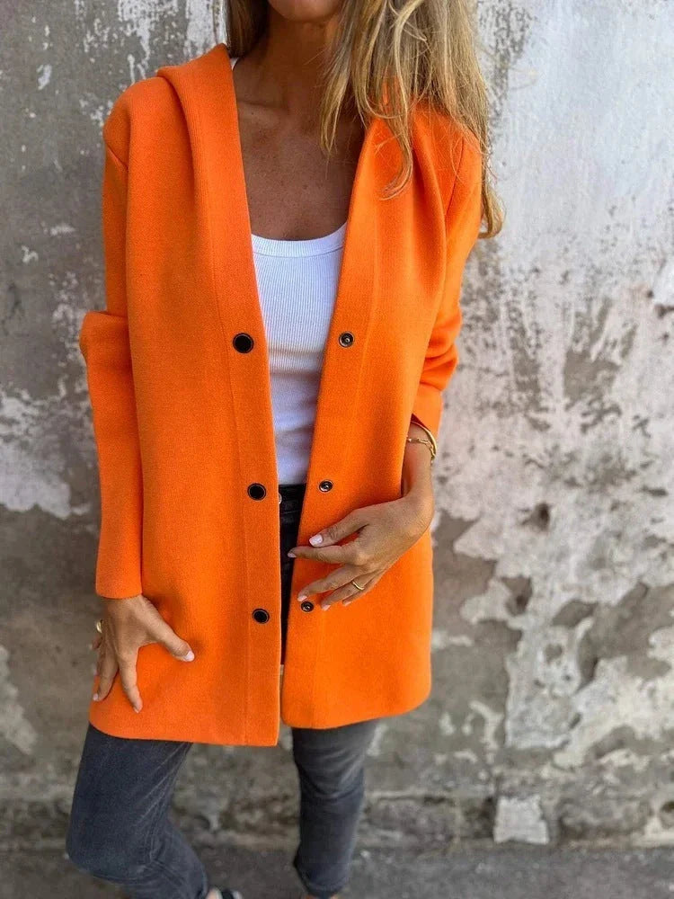 A stylish hooded cardigan jacket in various colors, featuring a single-breasted design and adjustable hood for versatile fashion.