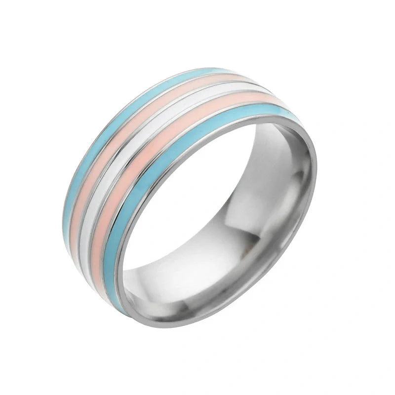 Stylish bisexual pride stainless steel ring with a bold, geometric design in vibrant colours