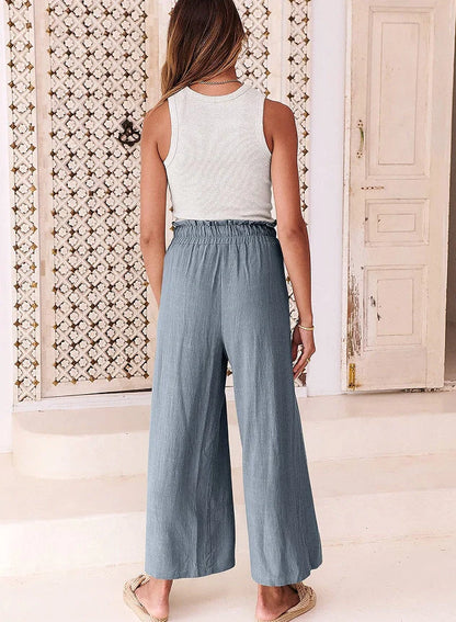 Stylish elastic waistband wide leg cropped pants in various colors