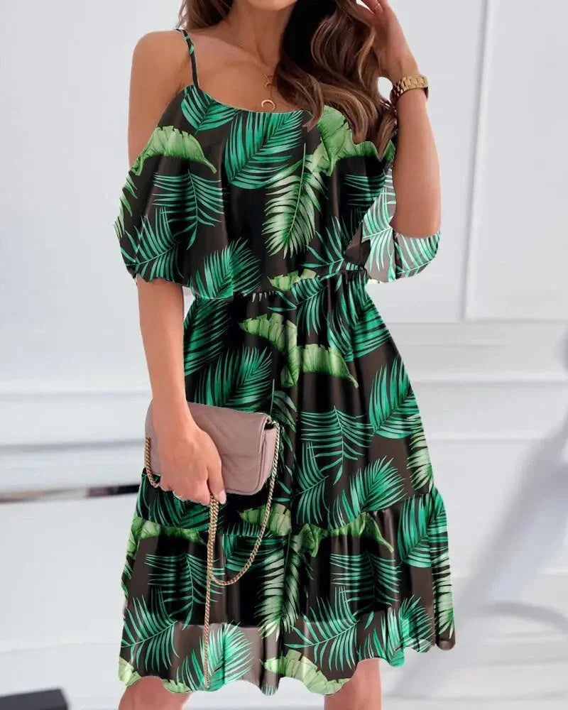 Flower printed ruffled suspender dress for women in summer