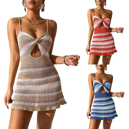 A knitted spaghetti strap mini dress in various colours, perfect for British summer style and occasions