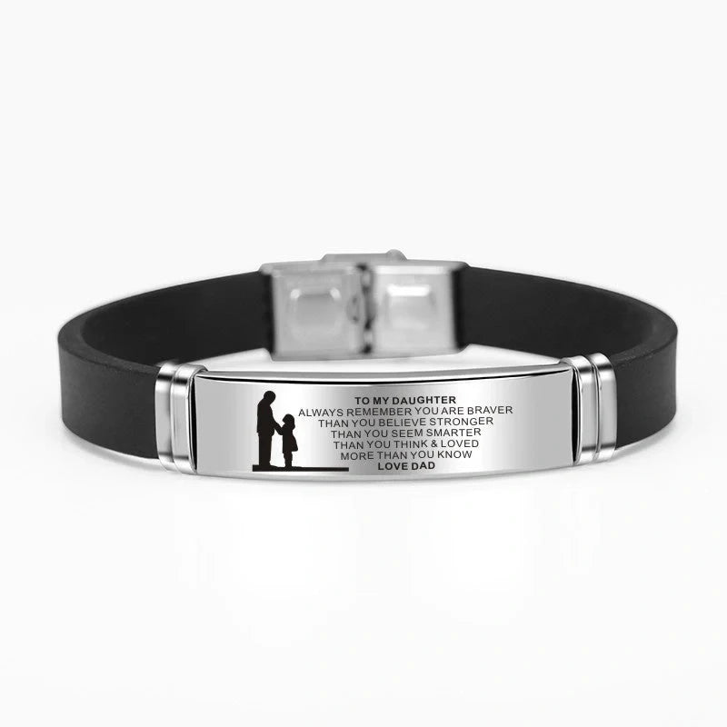 Engraved Mom Dad To Daughter Son Stainless Steel Silicone Bracelet - Silver