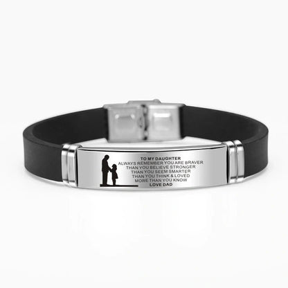 Engraved Mom Dad To Daughter Son Stainless Steel Silicone Bracelet - Silver