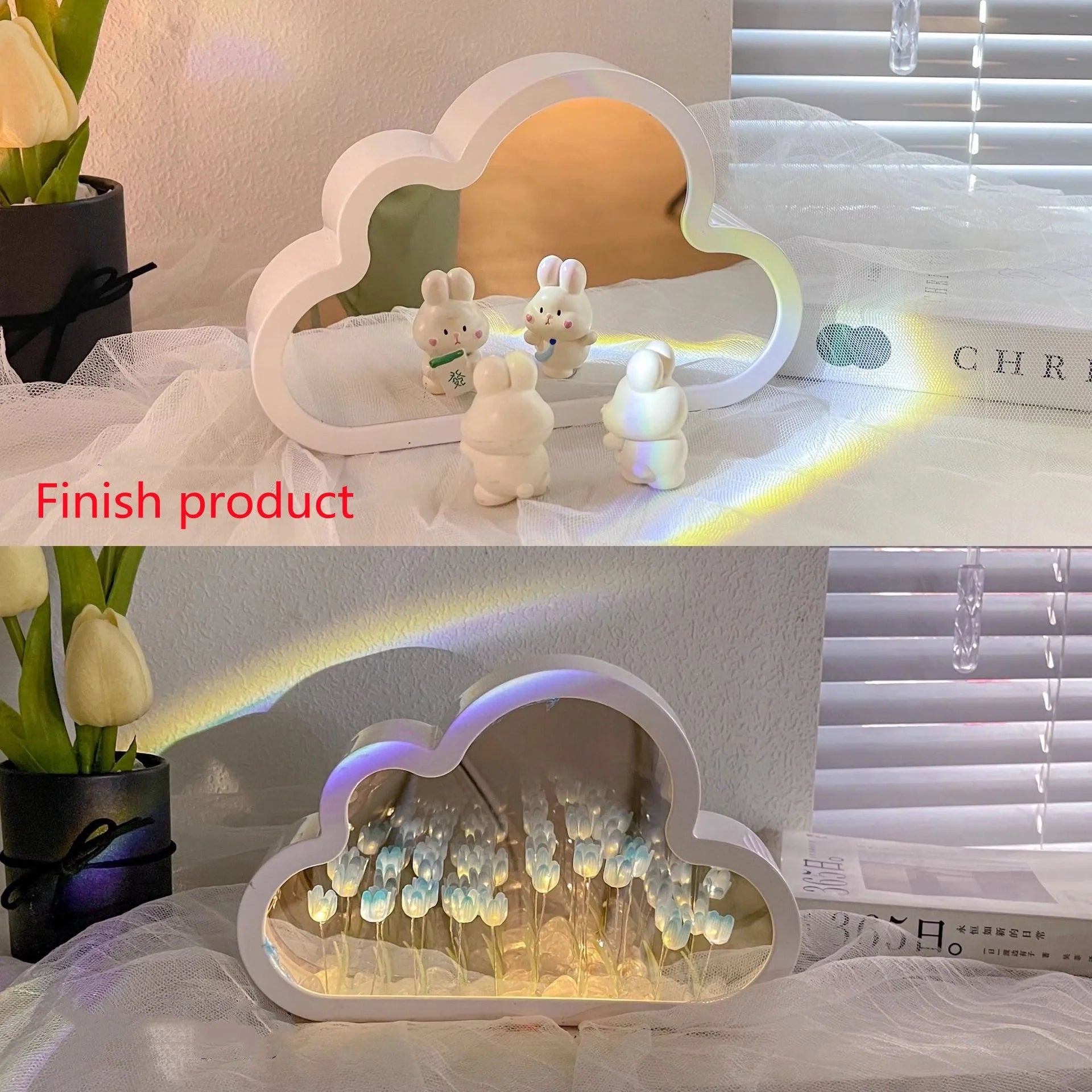 DIY Tulip Night Lamp in pink, purple, and blue with LED lights and decorative mirror feature