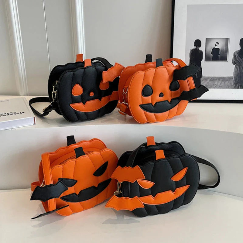 Stylish Halloween shoulder bag with pumpkin cartoon and bat design, available in various color options