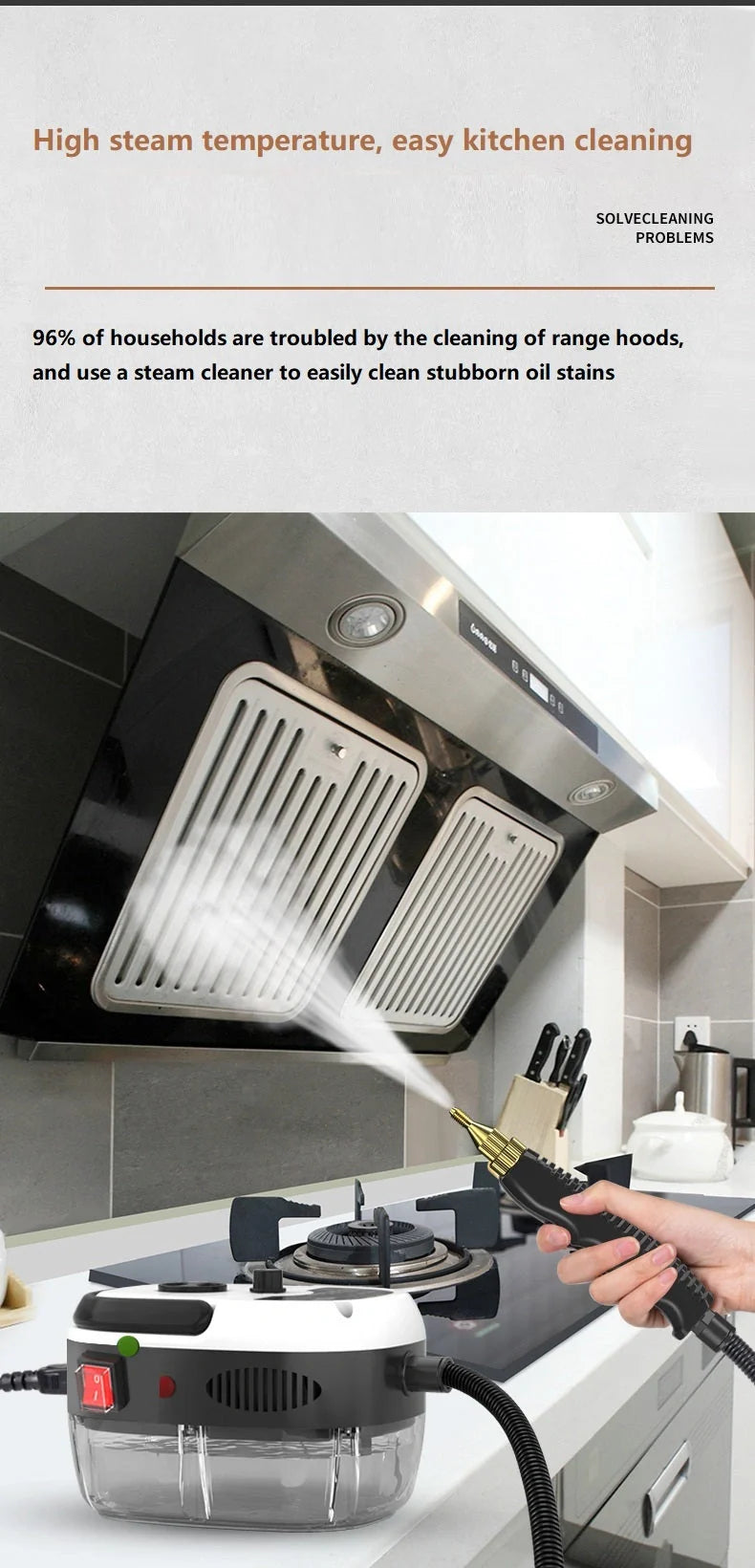 High Pressure Steam Cleaner with large glass water tank and multiple nozzles for kitchen cleaning