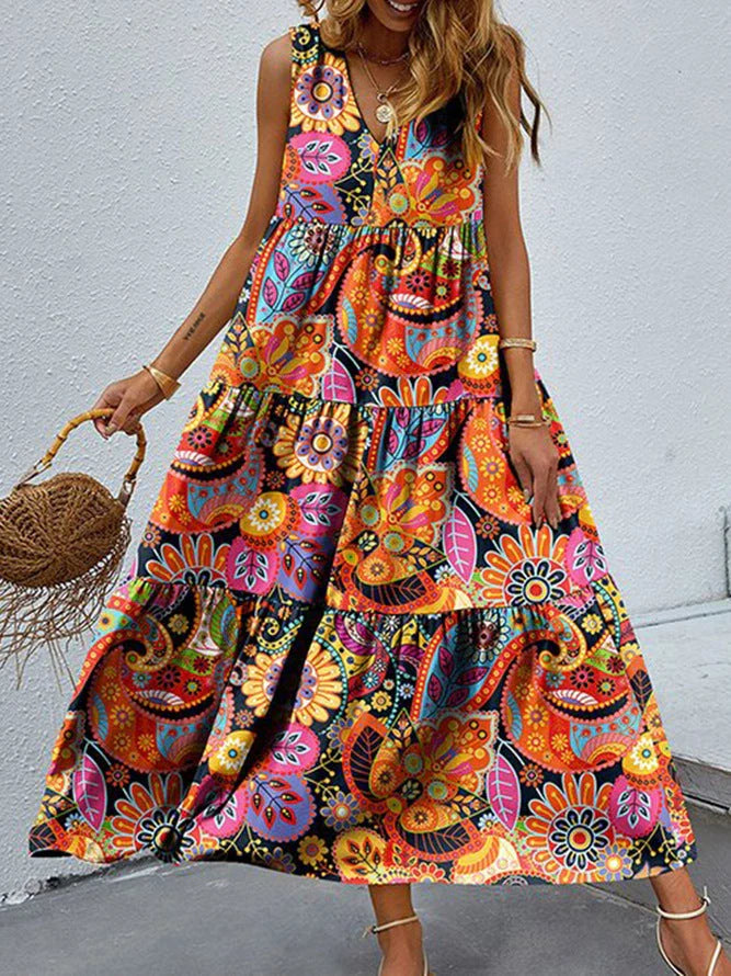 Stylish women's floral v-neck swing dress for casual outings