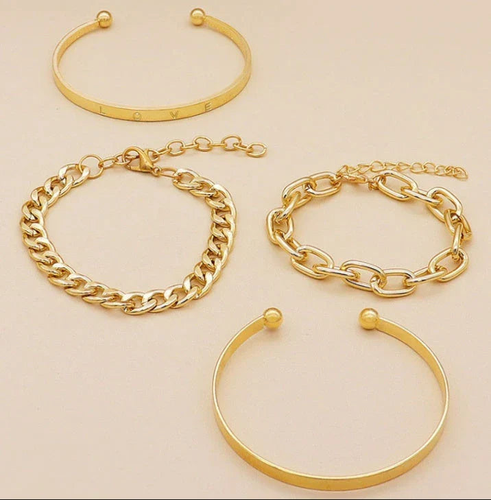 Simple and Elegant C-Shaped Hollow Chain Bracelet Set in Gold and Silver