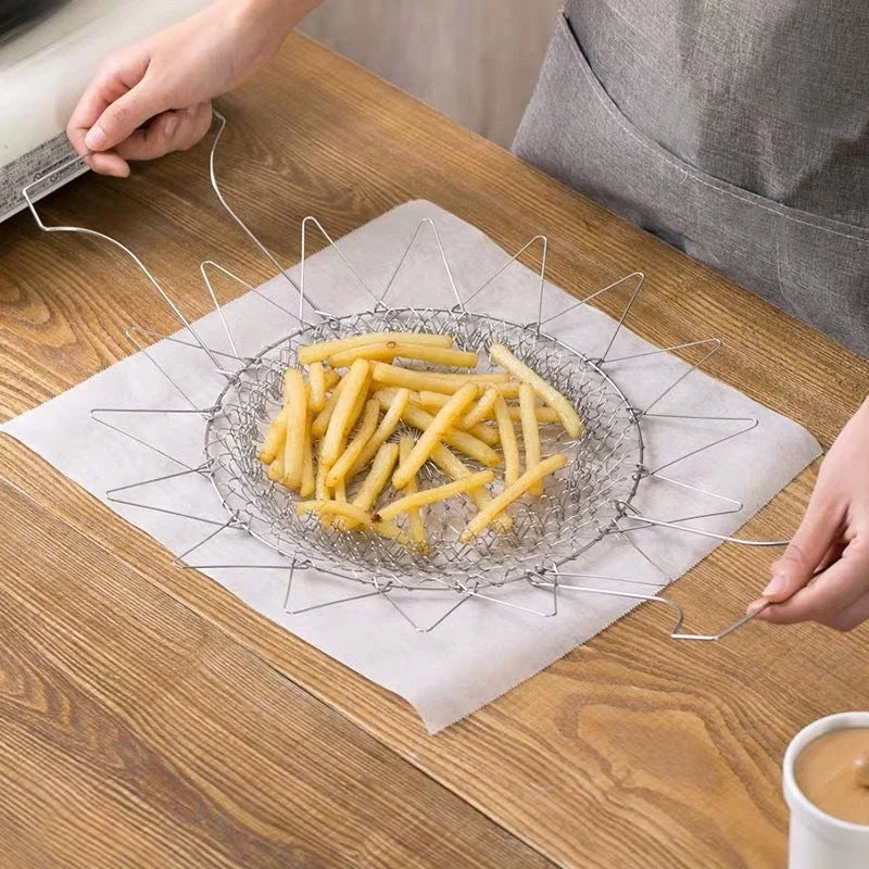 Stainless steel deep-fry basket with cool-touch handles and easy draining design