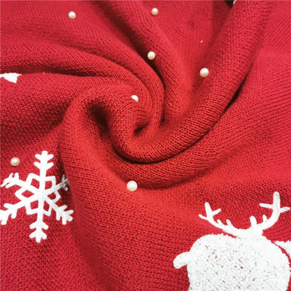 Handmade knitted Christmas tree skirt with 3D vivid patterns in burgundy