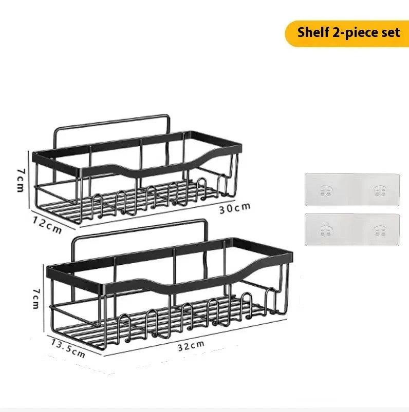 Sleek no-drill bathroom organiser rack set in carbon steel, perfect for clutter-free storage