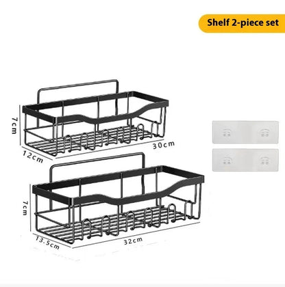 Sleek no-drill bathroom organiser rack set in carbon steel, perfect for clutter-free storage