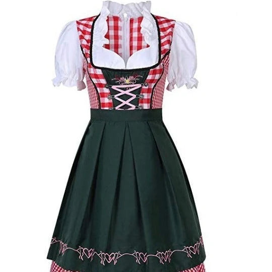 Traditional Oktoberfest ethnic dress for women in vibrant red denim with apron and ribbon