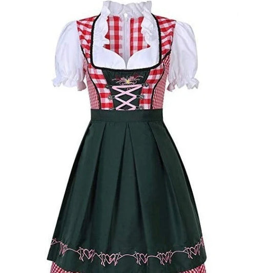 Traditional Oktoberfest ethnic dress for women in vibrant red denim with apron and ribbon