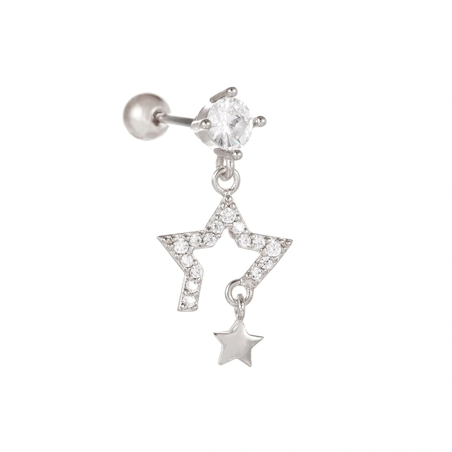 Star and Moon Cubic Zirconia Stainless Steel Cartilage Earring in gold and white K