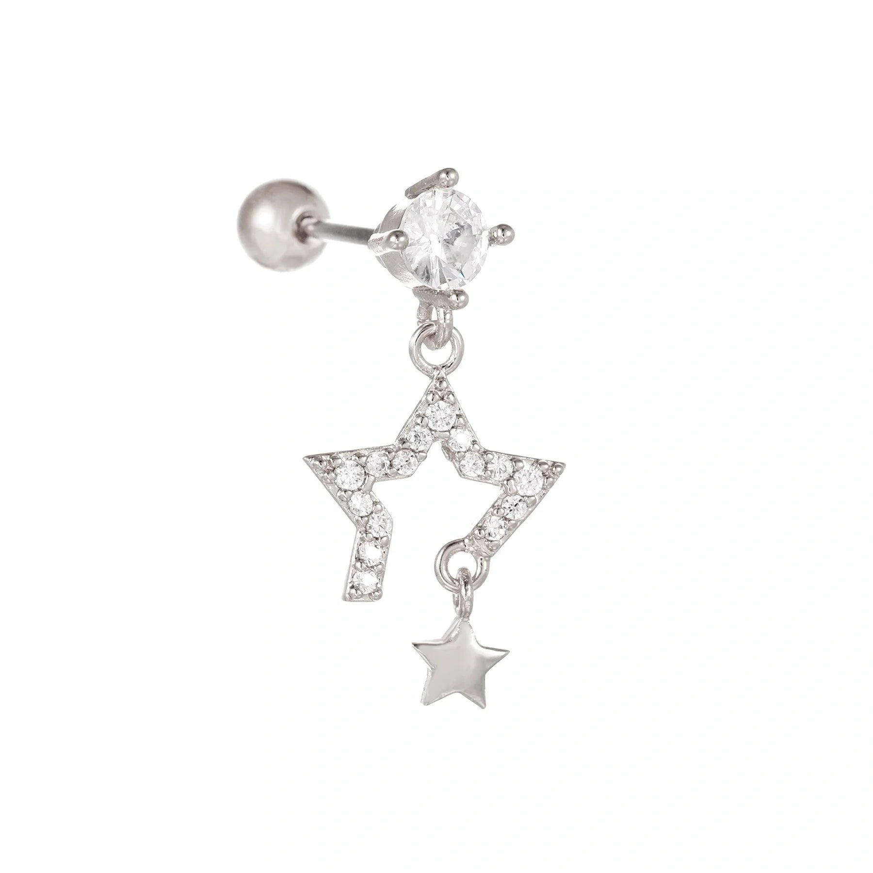 Star and Moon Cubic Zirconia Stainless Steel Cartilage Earring in gold and white K