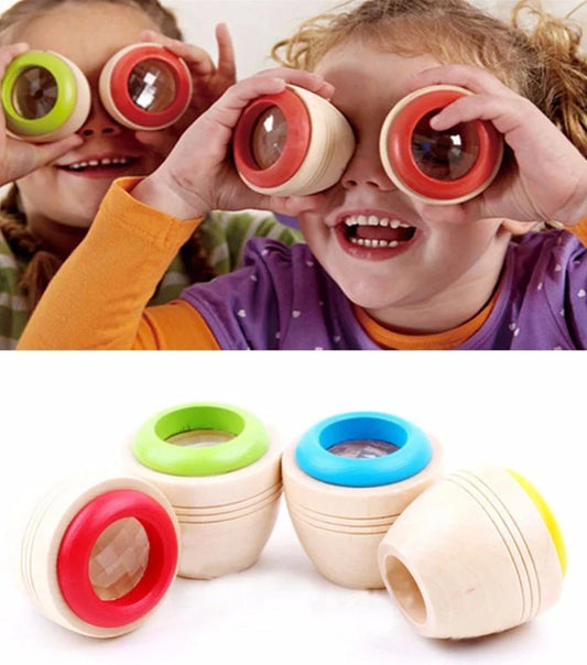 Wooden Magic Kaleidoscope toy for children with rotating patterns