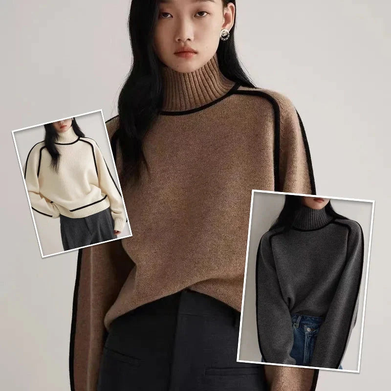 Half turtleneck knitted sweater with three-dimensional design in creamy white, floral brown, gray, and blue