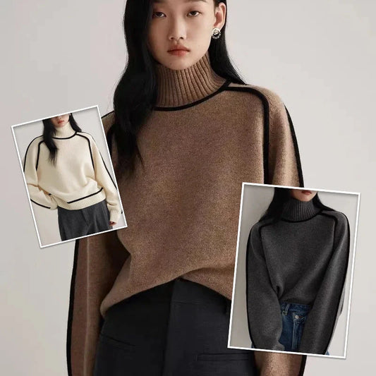Half turtleneck knitted sweater with three-dimensional design in creamy white, floral brown, gray, and blue