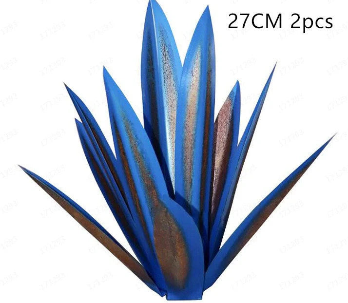 Handmade tequila agave metal sculpture in rustic finish with blue highlights
