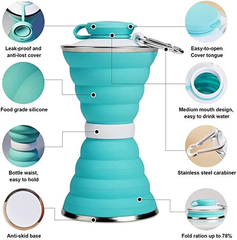 500ml foldable silicone water bottle in various colors with leak-proof lid