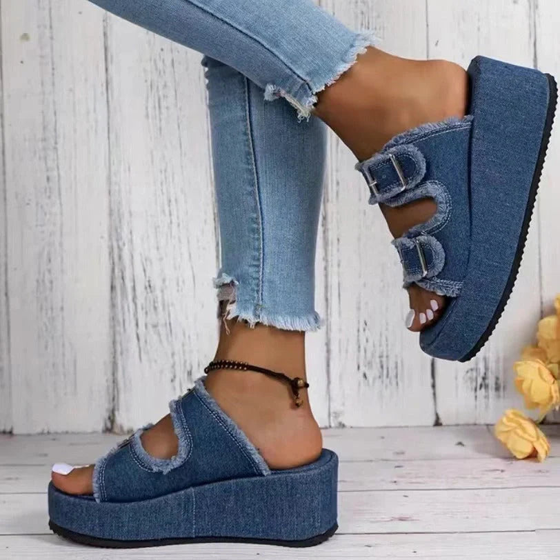 Women's denim buckle wedges sandals with thick bottom and high heel