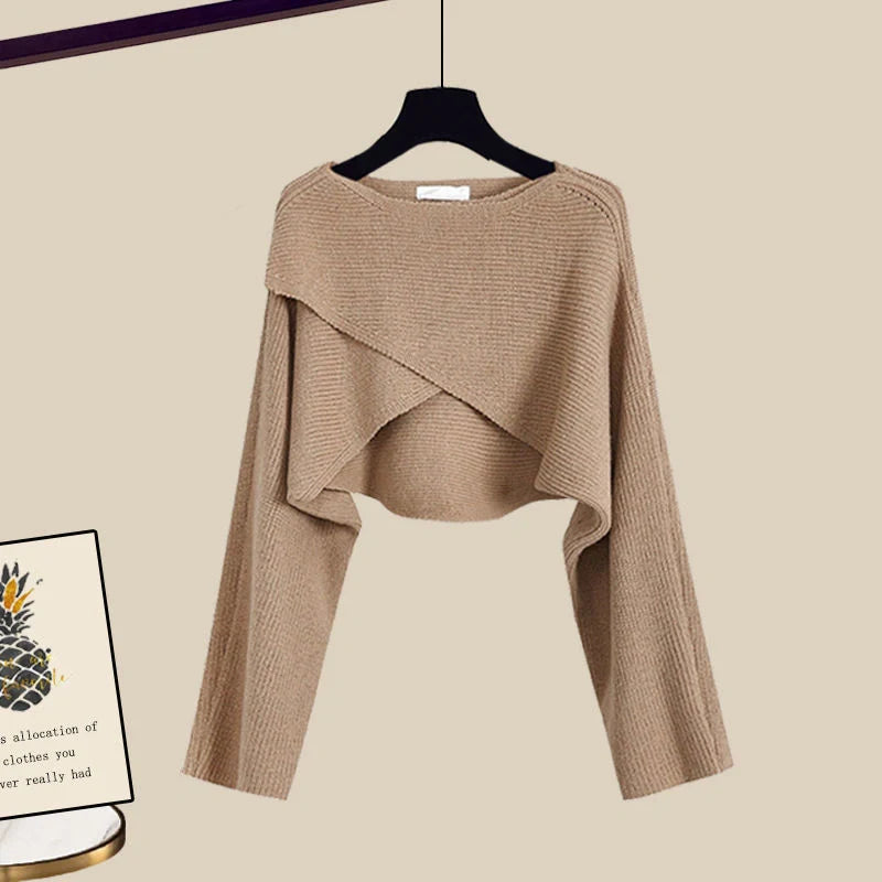 Women's 3-piece knitted sweater suit with shirt and wide leg pants in grey and white