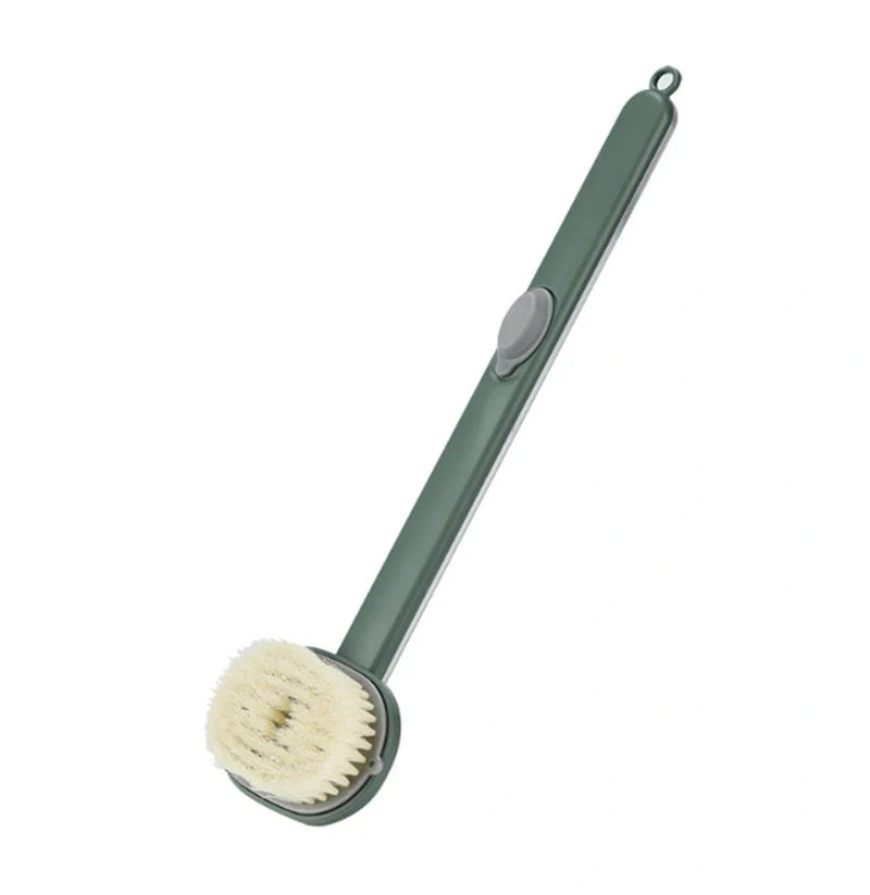 Ergonomic dual-purpose shower brush with detachable head in yellow, grey, green, and pink
