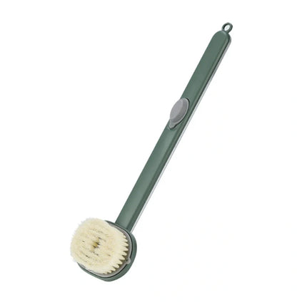 Ergonomic dual-purpose shower brush with detachable head in yellow, grey, green, and pink