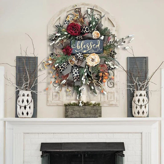 Cheetah print autumn wreath with gold and black bow for front door decoration