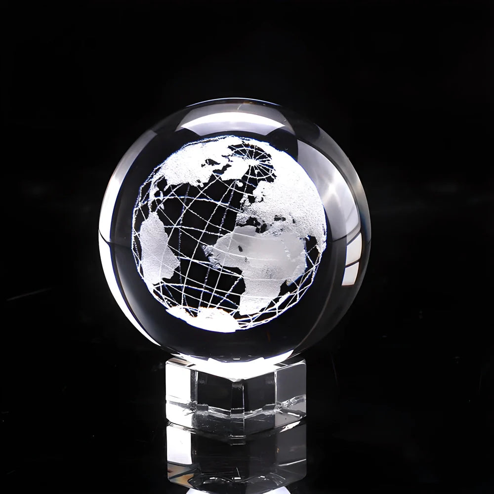 3D laser-engraved crystal globe with detailed representation of continents, countries, and latitude/longitude lines