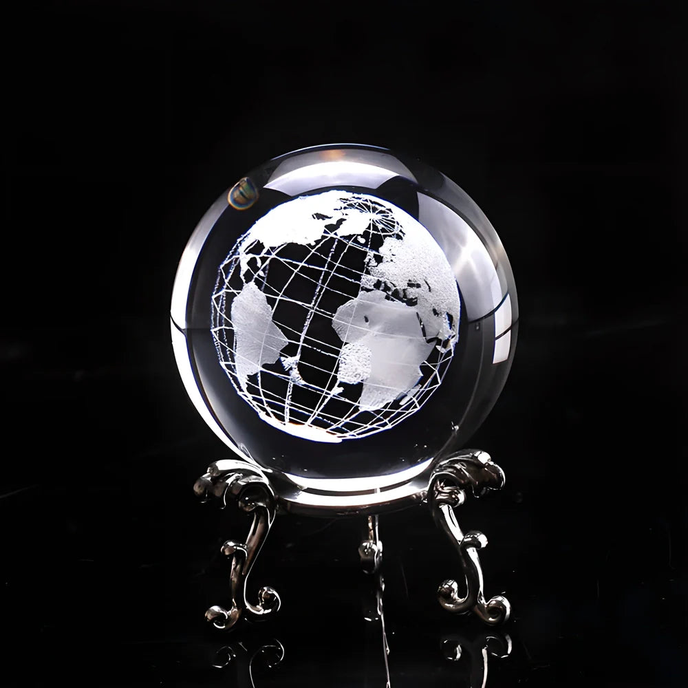 3D laser-engraved crystal globe with detailed representation of continents, countries, and latitude/longitude lines