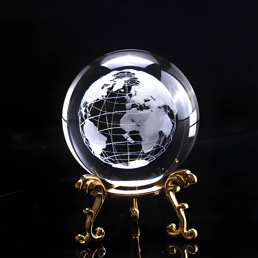 3D laser-engraved crystal globe with detailed representation of continents, countries, and latitude/longitude lines