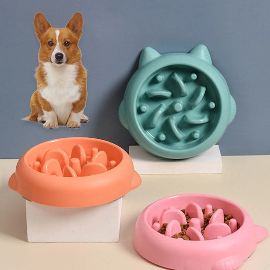 Pet slow feeder bowl in green, pink, or orange with anti-choking design