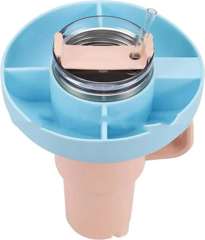 Silicone snack tray with four compartments designed to fit 40 oz tumblers, available in various colors