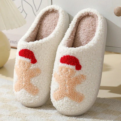 Cozy Christmas slippers in festive designs like Santa Claus, Moose, and Gingerbread Man, featuring plush lining and durable soles
