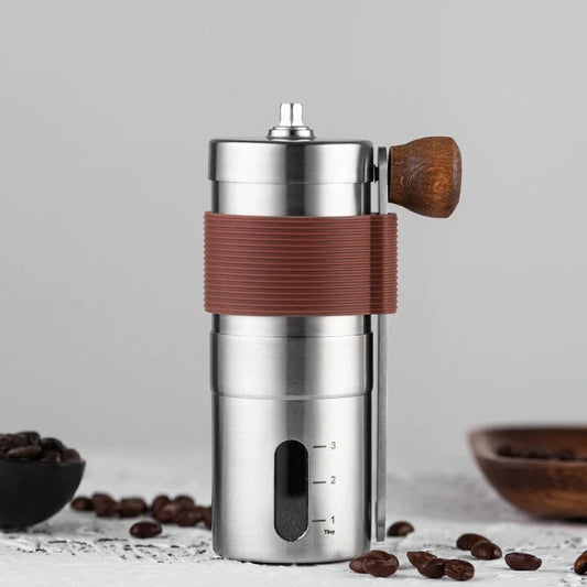 Portable hand coffee machine with stainless steel grinder and folding handle