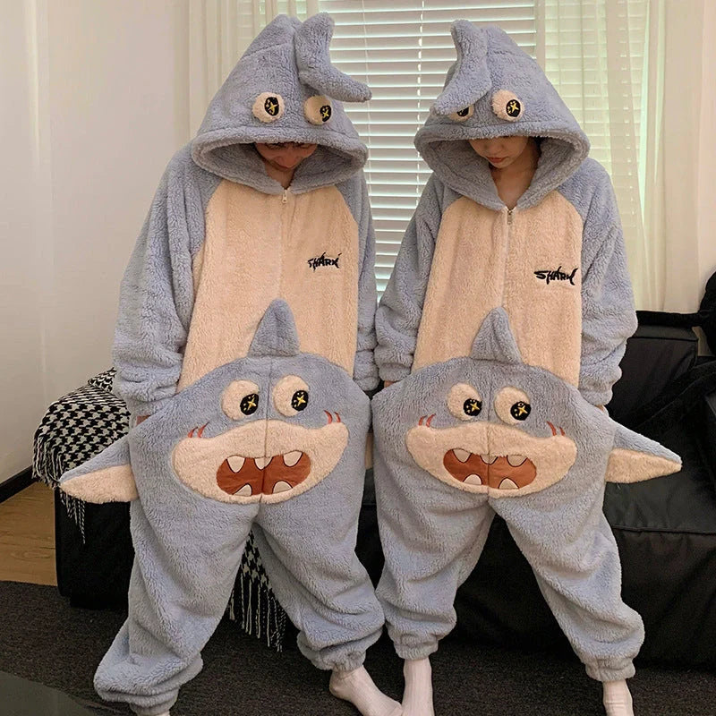 Cartoon design coral fleece winter jumpsuit for women and men
