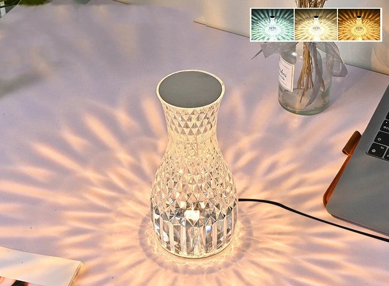 Vase Shape Atmosphere Crystal Lamp with USB charging and remote control on a bedside table